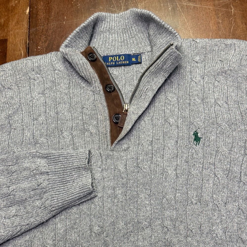 Polo Ralph Lauren Sweater Mens XL Gray Tussah Silk Cable Knit 1/4 Zip Mock Neck